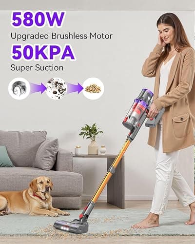 Coovy SU7 Cordless Vacuum Cleaner 580W 50Kpa 80 Minutes Runtime Stick Vacuum with Touch Screen Anti-Tangle Wireless Powerful Lightweight LED Vac for Home Pet Hair Carpet Hardwood, Gold thumbnail 3