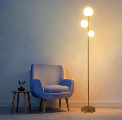 Fiqevs 3 Globe Mid Century Modern Floor Lamp for Living Room, Gold Standing Lamp with Frosted Glass Shade and 3x2700K Warm LED Bulbs, Vintage Retro Tall Lamps for Bedrooms, Office - Antique Brass - Image 1