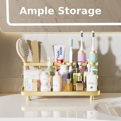 YOOLENS Electric Toothbrush Holder for Bathroom Countertop 5 Metal Slots Toothpaste Razor Mouthwash Organizer, Gold thumbnail 5