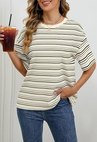 MEROKEETY Women's Summer Short Sleeve Shirt Casual Colourful Striped Crewneck Loose Tops Blouse thumbnail 2