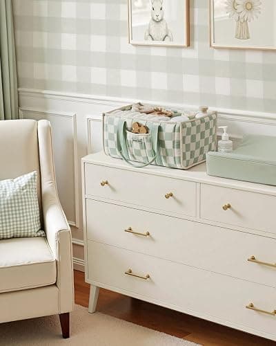 Blissful Diary Checkered Diaper Caddy Organizer, Stylish Nursery Storage Basket, Gift for Baby Shower, Newborn Essentials, Registry Search Must Haves, Sage Green thumbnail 5