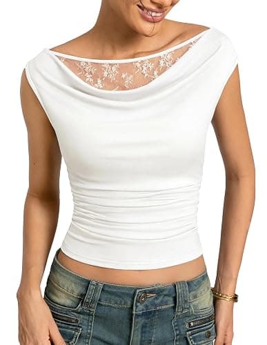 Kate Kasin Women's Lace Tops Summer Sleeveless Ruched Blouse Shirt Elegant Cowl Neck One-Shoulder Off Shoulder Sexy Tank Vest - Image 1