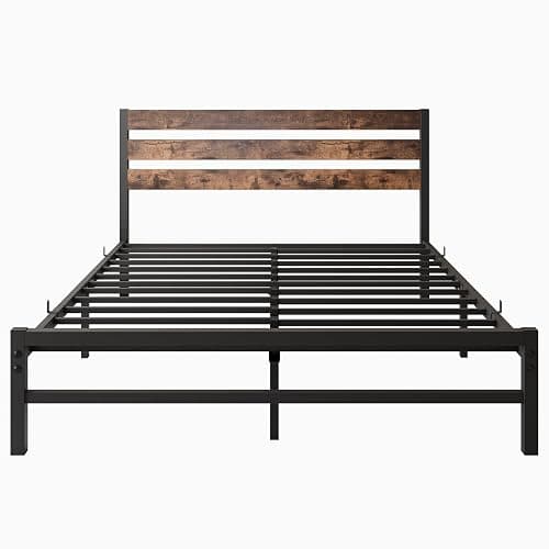 FHUKMZOI Brown Queen Size Bed Frame with Headboard, Rustic Vintage Heavy Duty Metal Bedframe, Platform Bed Support Mattress Foundation, No Box Spring Needed (Brown, Queen) thumbnail 4