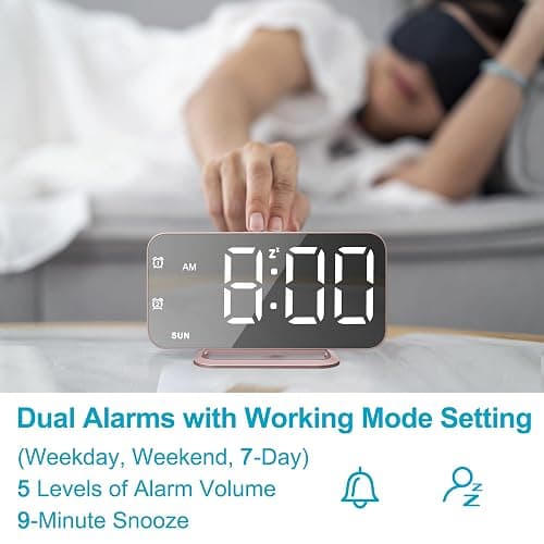 Slim LED Digital Alarm Clock, Mirror Surface for Makeup, with Diming, Large Display, Easy Setting, USB Ports, Modern Decor for Bedroom, Desk, Christmas, Birthday Idea Gift for Women, Sister, Mom, Pink thumbnail 4