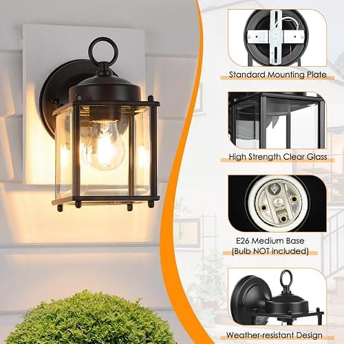 MATAMEYE Outdoor Wall Lantern, Exterior Waterproof Wall Sconce Light Fixtures, Black Front Door Wall Lighting with Clear Beveled Glass Shade, 2 Pack thumbnail 6