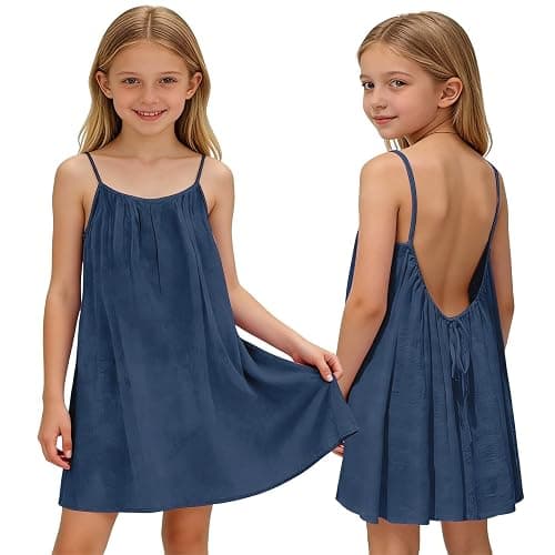 Girls Backless Cami Dress Cotton Linen Plain Open Back Spaghetti Strap Tank Dresses Tween Cute Summer Camisole Sundress - Image 1