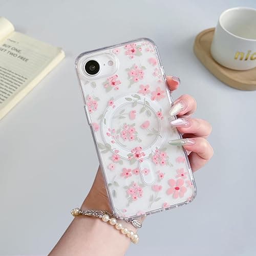QLTYPRI Magnetic for iPhone 16e Case Compatible with Magsafe, Cute Floral Flower Aesthetic Phone Case Slim Clear Anti-Yellowing Shockproof Phone Cover for Girls Women - Pink thumbnail 2