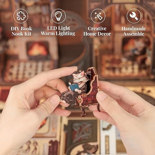 CUTEBEE DIY Book Nook Kit, Miniature House Kits for Adult and Teens, DIY Miniature Book Nook kit with Sensor Led Light, Gifts for Lovers and Family (Count Cat's Study) thumbnail 7