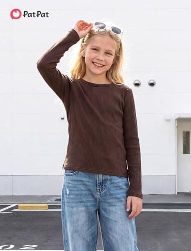 PATPAT Girls Long Sleeve Shirt Ribbed Slim Fit Basic Dressy Tops Tees 5-16Y | Soft Cotton, Classic Crew Neck, Solid Color, knitted Stretchy Fabric, Year-Round Style, Breathable, Casual/School/Vacation thumbnail 2