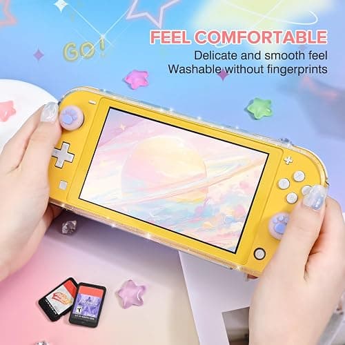 DLseego Protective Case Suitable for Switch Lite Console 2019, TPU Soft Shell Anti-Slip Shock-Absorption Crystal Protective Heart Games Case with 2 PCS Cute Cat Paw Thumb Grips Caps - Glitter Yellow thumbnail 3