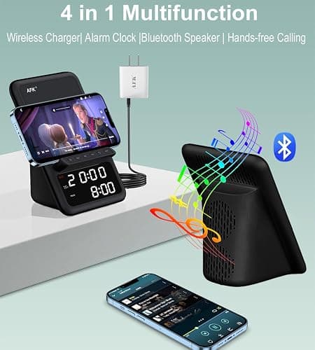 AFK Wireless Charging Station with Bluetooth Speaker and Alarm Clock,Wireless Charger Compatible with iPhone,Android Phones(Black) thumbnail 2