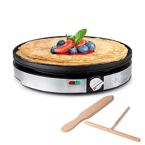 Gourmia 12” Crepe Maker – Nonstick Electric Griddle for Pancakes, Omelets & More, Precise Temp Control with Indicator Lights, Includes Spatula & Batter Spreader, Quick Cleanup, Stainless Steel Trim - Image 1