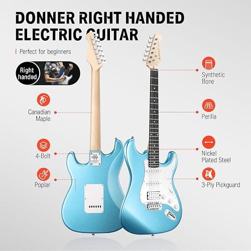 Donner DST-100T 39 Inch Electric Guitar Beginner Kit Solid Body Full Size Lake Blue HSS Pick Up for Starter, with Amplifier, Bag, Digital Tuner, Capo, Strap, String,Cable, Picks thumbnail 3