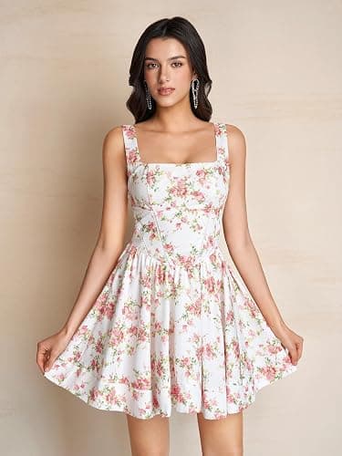 KUTUMAI Floral Corset Mini Dress Square Neck Flowy A Line Cute Graduation Short Dresses for Women Summer 2026 thumbnail 3