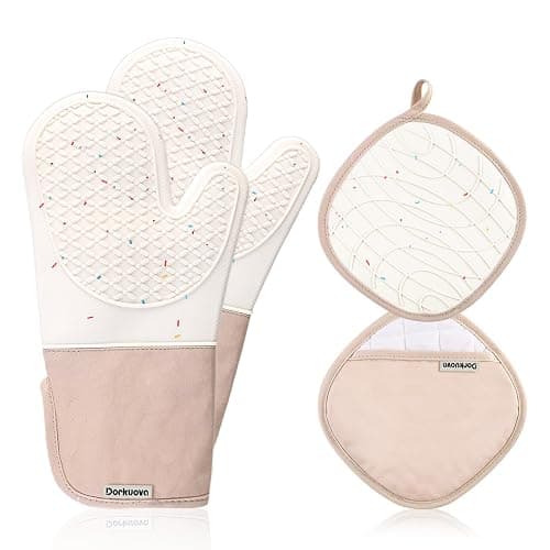 Dorkuova Oven Glove Cute,Cooking Mittens,Oven Mittens for Kitchen,Oven Gloves for Kitchen,Washable Silicone Oven Mitts Heat Resistant 500°F, Potholders for Kitchens Cooking Baking(Cream - Image 1