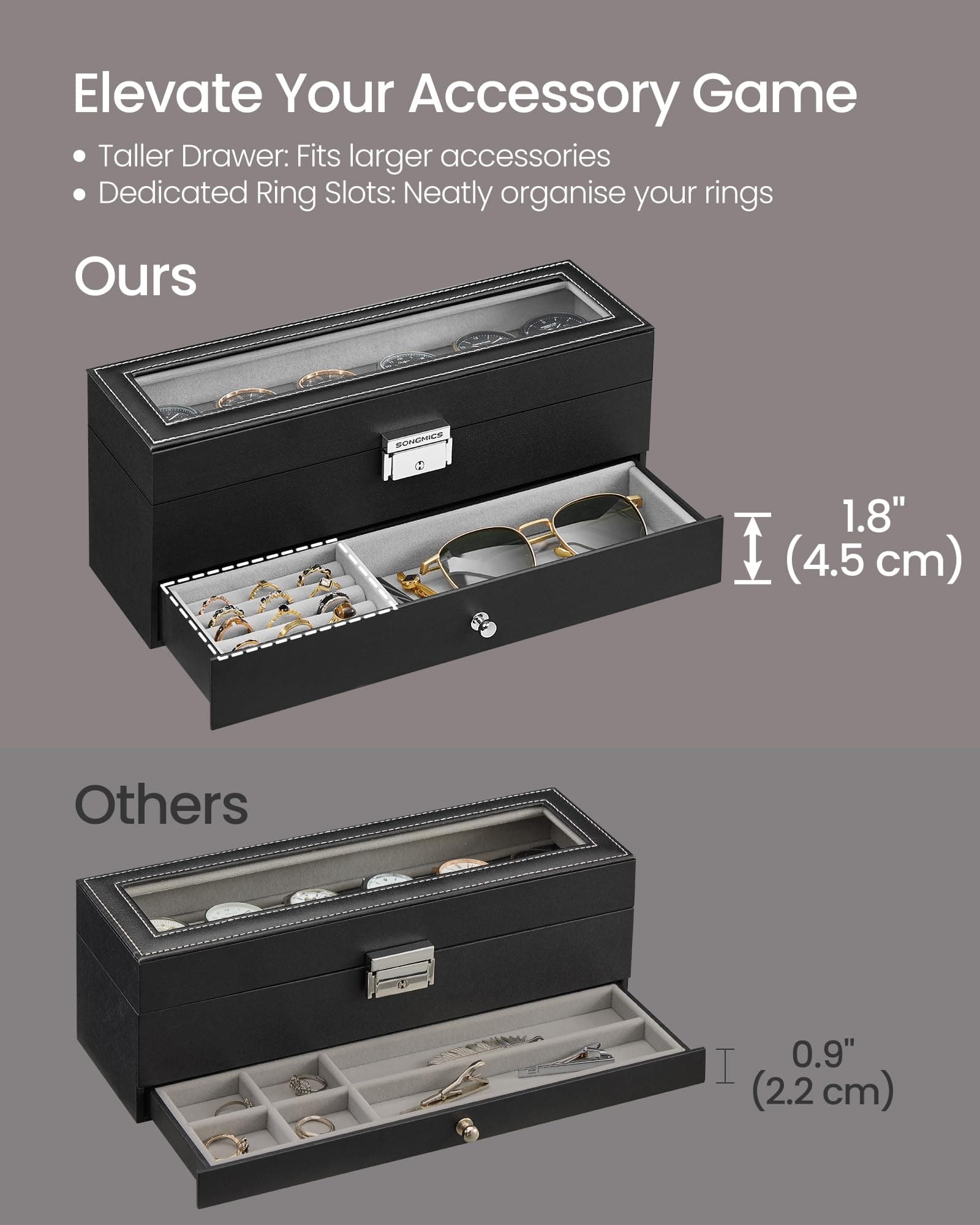 2. SONGMICS 6-Slot Watch Box, Lockable Watch Case with Glass Lid, 2 Layers, with 1 Drawer for Rings, Bracelets, Gift Idea, Black Synthetic Leather, Grey Lining JWB060G01 thumbnail 8
