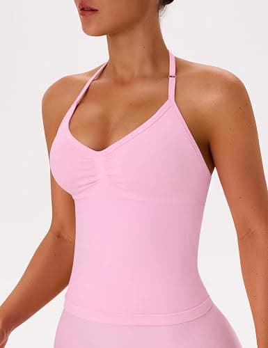 OLCHEE Womens Halter Workout Tank Tops V Neck Backless Strappy Padded | Longline Gym Yoga Pilates Top, Adjustable Spaghetti Strap, Backless, Scrunch, Sweetheart, Built-in Bra, Removable thumbnail 5
