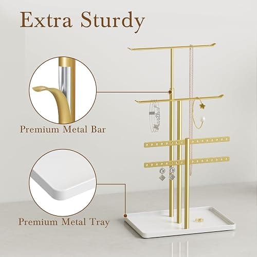 susswiff Jewelry Holder Organizer Stand - Adjustable Jewelry Tree 17.5" Height (Max), Jewlery Hanger for Necklaces, Bracelets, Earrings, Aesthetic for Storage and Display, Metal, Gold and White thumbnail 4