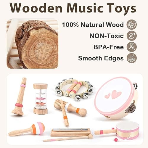 Musical Toys for 2 3 Year Old Girl Birthday Gifts, Wooden Montessori Toys for 2 Year Old, 8 in 1 Musical Instruments for Toddlers with Drum/Hand Bells/Flute/Maracas, Preschool Toys for Baby 18+ Months - 8 - Piece Pink Wooden Set thumbnail 5