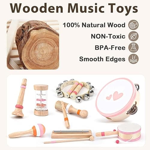 Musical Toys for 2 3 Year Old Girl Birthday Gifts, Wooden Montessori Toys for 2 Year Old, 8 in 1 Musical Instruments for Toddlers with Drum/Hand Bells/Flute/Maracas, Preschool Toys for Baby 18+ Months thumbnail 6