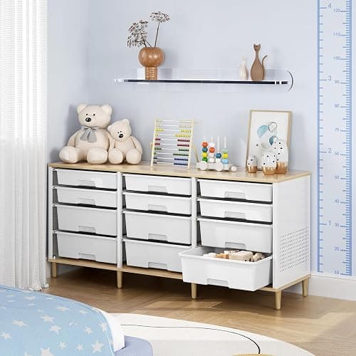 12 Drawers Storage Cabinet with Wooden Top and Plastic Bins, Toy Shelf Storage Chest Cubby Organizer for Home, Office, Playroom, Classroom & Craft Room Storage (White) thumbnail 7