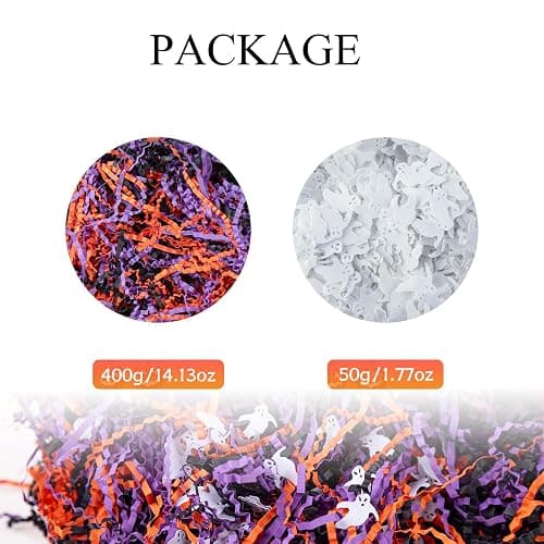 1LB Halloween Crinkle Cut Paper Shred Black Orange Purple Raffia Paper | Halloween Crinkle Cut Paper Shred Filler Grass with Ghost Decoration for Gift Wrapping Basket Filling Party Supply thumbnail 4