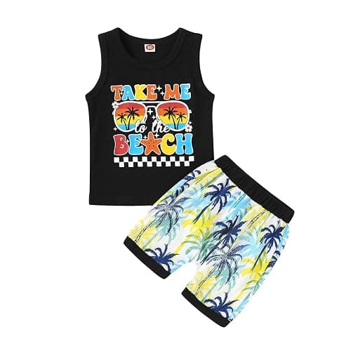 YOUNGER TREE Toddler Baby boy summer clothes Beaches Love Me Sleeveless Vest Tops+Shorts Kid Casual outfits - 6-12 Months - Bluey-green - Image 1