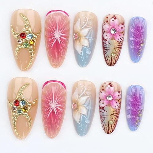 24Pcs Handmade Almond Press on Nails Fake Nails 3D ice Flower Stripes False Nails with Pink Gradient Gold Beads Designs Glitter Rhinestones Nails French False Stick on Nail for Women DIY Tips thumbnail 2