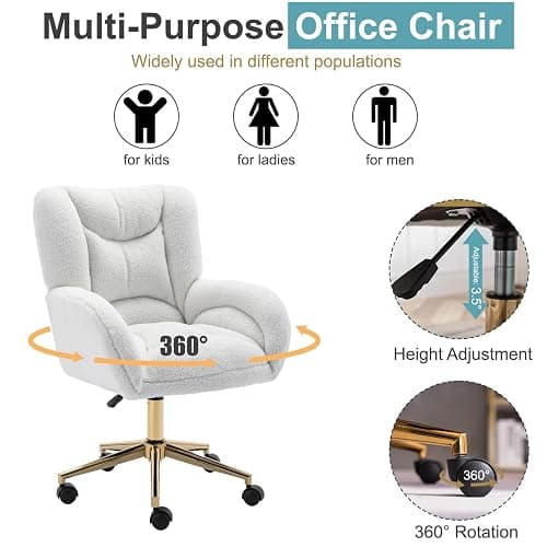 Anewome Swivel Office Desk Chair with Wheels Upholstered Sherpa Desk Modern Armchair Height Adjustable Computer Task Chair Boucle Makeup Vanity Desk with Gold Metal Frame, 38.2" H White thumbnail 4