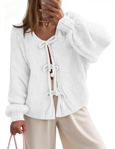 UNCLECAT Womens Bow Tie Front Cardigan Sweaters Oversized Fall Open Front Cardigans Cute Loose Knit Tops - Image 1
