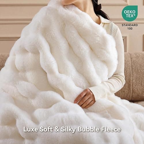 Smoofy Faux Fur Throw Blanket for Couch - Cream White Super Soft Cozy Bubble Blanket, Fluffy Plush Fuzzy Throw for Sofa & Bed, Thick Lightweight Warm Blanket, Luxury Aesthetic Gift for Women 50"x60" thumbnail 4