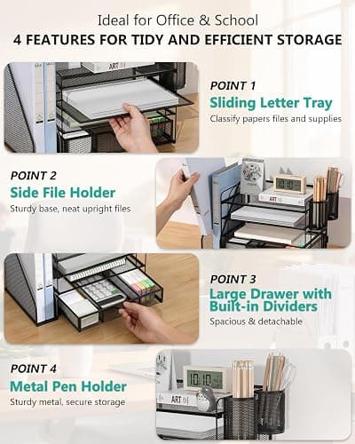 WALI Desk File Organizer, 4 Tier Desktop Paper Letter Tray Organizer with Drawer and 2 Pen Holders, Office Desk Accessories & Workspace Organizers for Office, Home Supplies(DO005DH-B), 1 Pack, Black thumbnail 5