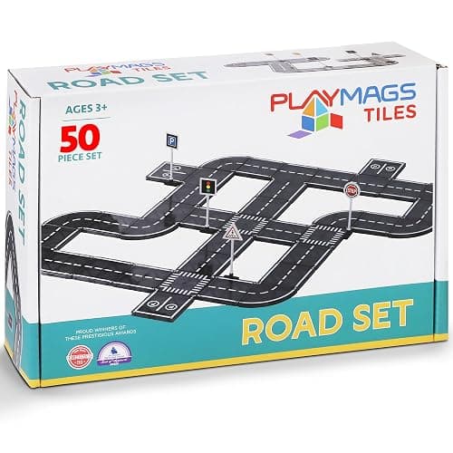 Playmags Magnetic Tiles Road Set - 50 Pcs STEM Educational Construction Toy Car Track, Building Blocks Magnet Toys for Toddlers, Safe for Ages 3+ - Image 1