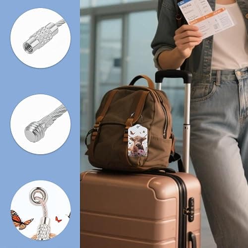 3 Pack PU Leahter Highland Cow Butterfly Flowers Luggage Tag with Stainless Steel Loop, Travel Suitcase Labels with Privacy Cover ID Label Quickly Spot for Bags thumbnail 4