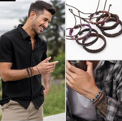 FIRAZIO 27Pcs Braided Leather Bracelets for Men Women Wrap Wood Beads Cuff Bracelet Hemp Cords Ethnic Tribal Handmade Wrap Wristband Bracelets Set Adjustable thumbnail 4