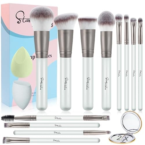 START MAKERS 12PCS Makeup Brushes Set, Professional Makeup Brushes Foundation Powder Concealers Eye Shadows Make Up Brush with 2 Makeup Sponge and Compact Mirror - Image 1