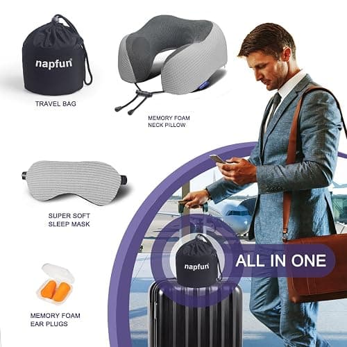 napfun Neck Pillow for Traveling, Upgraded Travel Neck Pillow for Airplane 100% Pure Memory Foam Travel Pillow for Flight Headrest Sleep, Portable Plane Accessories, Striped Light Grey Set thumbnail 6