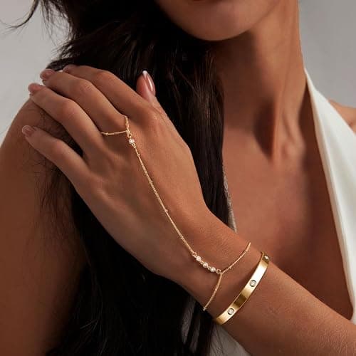 My Queen Gold Bracelets for Women 14K Gold Plated Dainty Stackable Hand Chain Bracelet Trendy Ring Chain Bangle Cuff Bracelets Adjustable Body Jewelry Set Gifts thumbnail 2