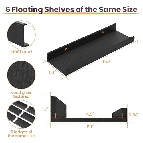 upsimples Floating Shelves for Wall, Wall Shelves for Decor Storage Set of 6, Wall Mounted Wood Shelf for Bedroom, Living Room, Bathroom, Kitchen, Picture Ledge Shelf, Black thumbnail 3