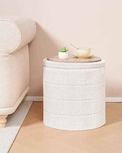 B FSOBEIIALEO Ottoman with Stroage, Round Sherpa Storage Ottoman Stool, Boucle Foot Rest 14.6"x14.6"x17.7"（White thumbnail 7