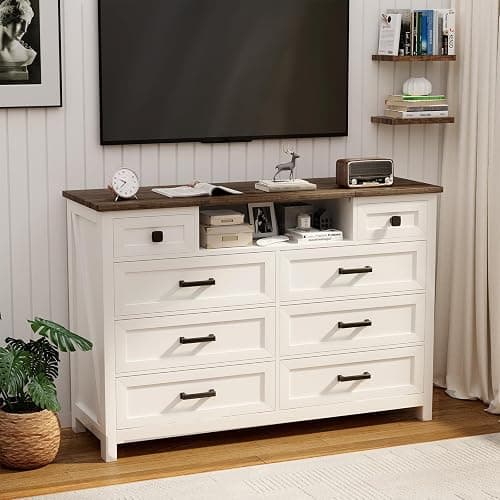 BROTTAR Dresser with Mirror for Bedroom, Chest of Drawers with LED Mirror, 8 Drawer Dresser with Charging Station, White Kids Dressers, Farmhouse Makeup Vanity with Storage for Bedroom thumbnail 9