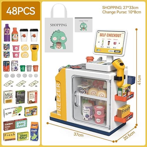 Kids Cash Register Playset - 48PCS Play Money, Calculator, Scanner,Ages 3+ | Toddlers Cash Register Playset with Credit Card & Play Food,for Boys and Girls Ages 3+ Pretend Grocery Store Shopping Playset thumbnail 2