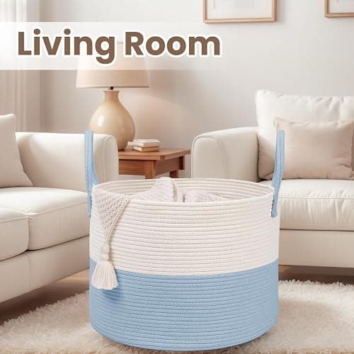JMvicyroam Woven Blanket Basket,65L Large Rope Storage Bin with Handles, Organizer for Blankets Toys Book and Clothes, Laundry Basket for Living Room Bedroom Nursery,White&Blue thumbnail 5