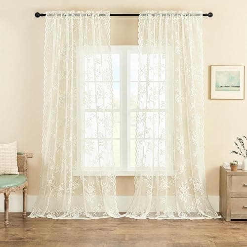 SEEKRIGHT Ivory Lace Curtains 80 Inches Long 2 Panels Victorian Floral Sheer for Bedroom Living Room Rod Pocket Light Filtering Cream Window Decor for Dining Room Home Office, 52x80 thumbnail 2