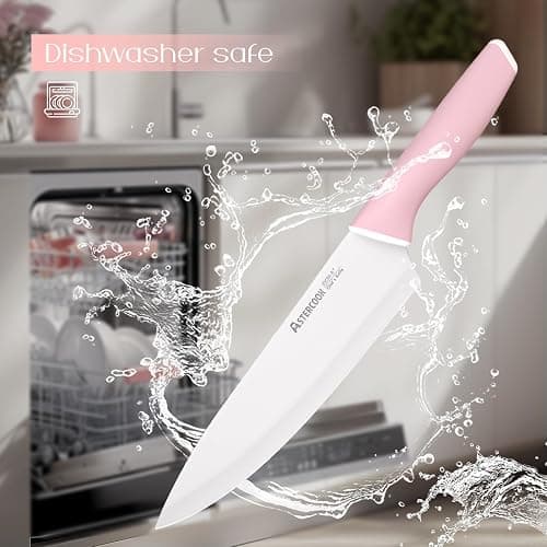 Astercook Knife Set, Kitchen Knives Set with Block and Sharpener Ceramic Coating 15 Pcs German Stainless Steel Knives Sharp Blade Dishwasher Safe Deba Knives with Ergonomic Handle, Crystal Pink thumbnail 9
