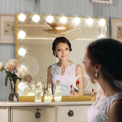 Ratsamee Gold Hollywood Vanity Mirror with Lights, 15 Dimmable Bulbs, 3 Color Lights,Make Up Lighted Mirror, Aluminum Metal Frame, USB Charging Port（23" x 18"） thumbnail 6