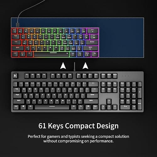 Newmen GM611 Mechanical Keyboard,LEDBacklit Wired Gaming Keyboard RedSwitch | Compact Portable,Mini 61 Keys,LED Backlit,60 Percent Mechanical Keyboard,Black Keycaps,Windows Laptop PC,Linear Red Switches thumbnail 3
