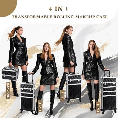 Stagiant Rolling Makeup Case Cosmetology Case on Wheels 4 in 1 Large Cosmetic Organizer Train Case Makeup Travel Case with Key Swivel Wheels Nail Artist Salon Storage Traveling Cart Trunk Black thumbnail 3