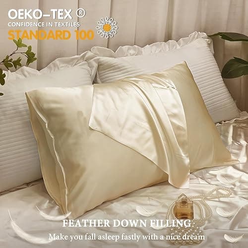 BHZ Satin Goose Down Feather Pillows Standard Size with Beige Satin Pillowcase for Hair and Skin, Cooling Pillow Cases Similar to Silk Pillow Cases, Decorative for Women, Mom Men thumbnail 7