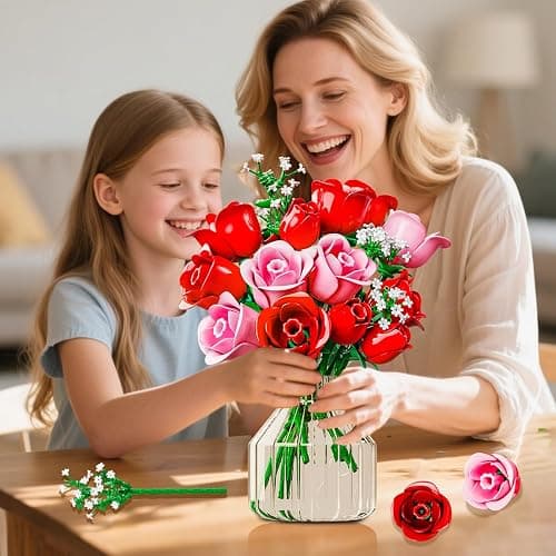 HOGOKIDS Flowers Bouquet Building Set with Lights - 16 Roses Bouquet Botanical Building Blocks Artificial Pink Roses Flower for Home Decor Christmas Birthday Gifts for Girls Adults - 387PCS (Pink) thumbnail 8